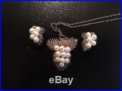 Vintage Antique Set 14K Gold Pendant Pearl Necklace & Earrings