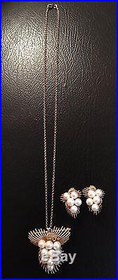 Vintage Antique Set 14K Gold Pendant Pearl Necklace & Earrings