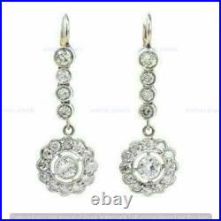 Vintage Art Deco 1 Ct Diamond Bezel Set Drop Dangle Earrings 14K White Gold Over