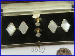 Vintage Art Deco 18k White Gold Pearl & Diamond Boxed Cufflinks & Stud Set