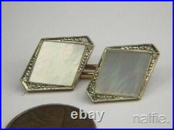 Vintage Art Deco 18k White Gold Pearl & Diamond Boxed Cufflinks & Stud Set