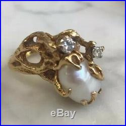 Vintage Baroque Pearl Diamond Branch Setting 14k Solid Gold Kocek Designer Ring