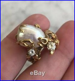 Vintage Baroque Pearl Diamond Branch Setting 14k Solid Gold Kocek Designer Ring