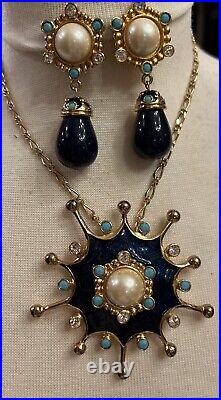 Vintage Barrera Pearl Cabochon Turquoise Brooch Pendant Drop Clip Earrings Set