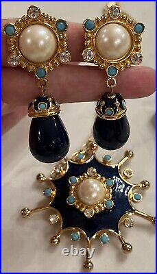 Vintage Barrera Pearl Cabochon Turquoise Brooch Pendant Drop Clip Earrings Set