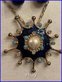 Vintage Barrera Pearl Cabochon Turquoise Brooch Pendant Drop Clip Earrings Set