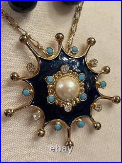 Vintage Barrera Pearl Cabochon Turquoise Brooch Pendant Drop Clip Earrings Set