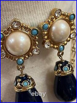 Vintage Barrera Pearl Cabochon Turquoise Brooch Pendant Drop Clip Earrings Set