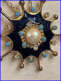 Vintage Barrera Pearl Cabochon Turquoise Brooch Pendant Drop Clip Earrings Set