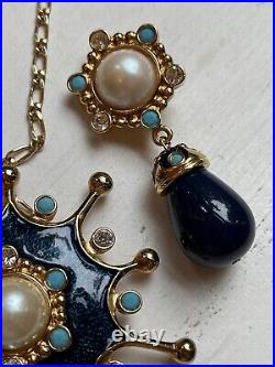 Vintage Barrera Pearl Cabochon Turquoise Brooch Pendant Drop Clip Earrings Set