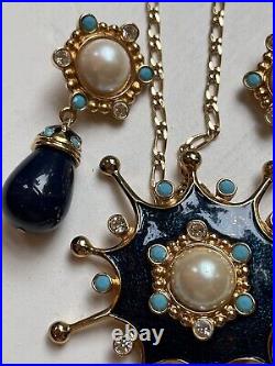 Vintage Barrera Pearl Cabochon Turquoise Brooch Pendant Drop Clip Earrings Set