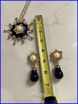 Vintage Barrera Pearl Cabochon Turquoise Brooch Pendant Drop Clip Earrings Set