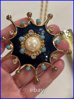 Vintage Barrera Pearl Cabochon Turquoise Brooch Pendant Drop Clip Earrings Set