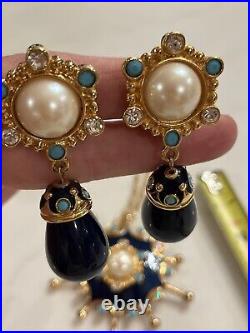 Vintage Barrera Pearl Cabochon Turquoise Brooch Pendant Drop Clip Earrings Set