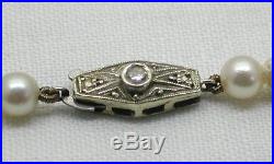 Vintage Beautiful Single Strand Cultured Pearl Necklace Gold Diamond Set Clasp