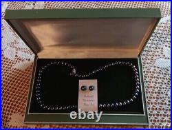 Vintage Black Freshwater Pearl Set Necklace & Earrings 10k Gold Clasp & Posts