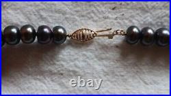 Vintage Black Freshwater Pearl Set Necklace & Earrings 10k Gold Clasp & Posts