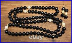 Vintage Black Onyx Bead Baroque Pearl 14K Yellow Gold Necklace Drop Earrings SET