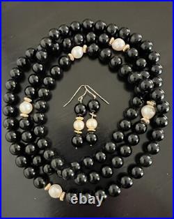 Vintage Black Onyx Bead Baroque Pearl 14K Yellow Gold Necklace Drop Earrings SET