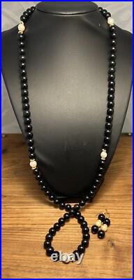 Vintage Black Onyx Bead Baroque Pearl 14K Yellow Gold Necklace Drop Earrings SET