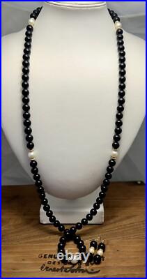 Vintage Black Onyx Bead Baroque Pearl 14K Yellow Gold Necklace Drop Earrings SET
