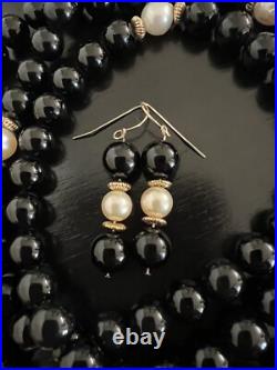 Vintage Black Onyx Bead Baroque Pearl 14K Yellow Gold Necklace Drop Earrings SET