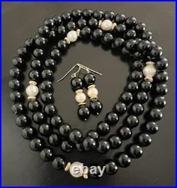 Vintage Black Onyx Bead Baroque Pearl 14K Yellow Gold Necklace Drop Earrings SET