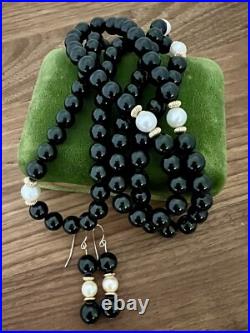 Vintage Black Onyx Bead Baroque Pearl 14K Yellow Gold Necklace Drop Earrings SET