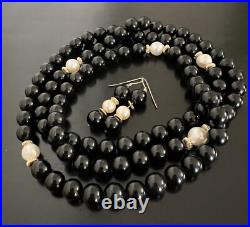 Vintage Black Onyx Bead Baroque Pearl 14K Yellow Gold Necklace Drop Earrings SET