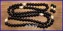 Vintage Black Onyx Bead Baroque Pearl 14K Yellow Gold Necklace Drop Earrings SET