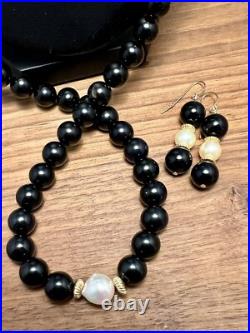 Vintage Black Onyx Bead Baroque Pearl 14K Yellow Gold Necklace Drop Earrings SET