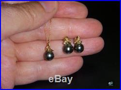 Vintage Black Pearl Pendant & Earrings 3 Piece Set 14K Yellow Gold