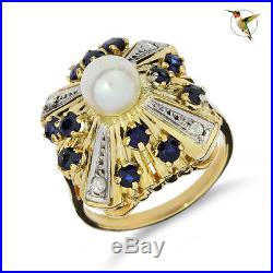 Vintage Blue Sapphire, Pearl and Diamond Ring Set in 14k Solid Yellow Gold #2946