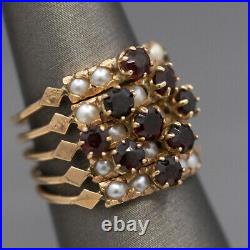 Vintage Bohemian Garnet and Pearl Five Band Stackable Ring Set in Rose Gold