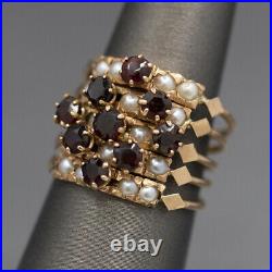 Vintage Bohemian Garnet and Pearl Five Band Stackable Ring Set in Rose Gold