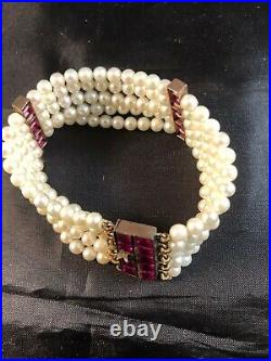 Vintage Bracelet Ruby Red Stones And Quality Pearls Gold Elegantly Set India