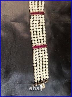 Vintage Bracelet Ruby Red Stones And Quality Pearls Gold Elegantly Set India