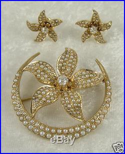 Vintage Brooch Earring Set 14K Yellow Gold. 90ct Diamond 276 Pearl 22.9g c1920
