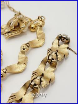 Vintage CROWN TRIFARI Gold Rone Faux Pearl Necklace Bracelet Earrings Set Signed Vintage CROWN TRIFARI Gold Rone Faux Pearl Necklace Bracelet Earrings Set Signed