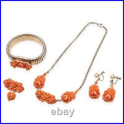 Vintage Carved Faux Coral Pearl Gold Filled Necklace Brooch Pin & Earrings Set