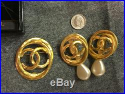 Vintage Chanel CC Gold Pearl Earrings and Brooch Pin Set with Orig. Box