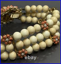 Vintage Ciner Gold Tone Faux Coral Faux Pearl Beaded Bracelet Clip Earrings Set