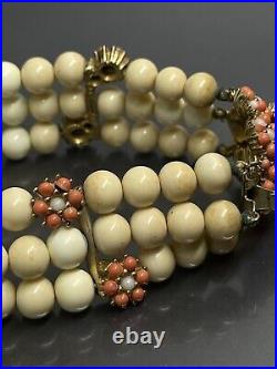 Vintage Ciner Gold Tone Faux Coral Faux Pearl Beaded Bracelet Clip Earrings Set