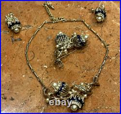 Vintage Coro Blue Enamel Faux Pearl Rhinestone Gold Necklace Earring Clip On Set