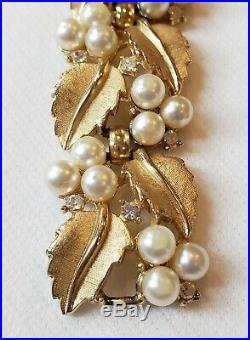 Vintage Crown Trifari Gold Tone Leaves Faux Pearls Rhinestones Demi Parure Set
