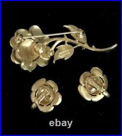 Vintage Crown Trifari Gold Tone Rose Flower Brooch Earrings Jewelry Set Lot Of 2