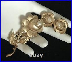 Vintage Crown Trifari Gold Tone Rose Flower Brooch Earrings Jewelry Set Lot Of 2