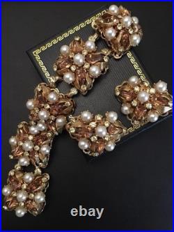 Vintage Design jewelry set amber rhinestone pearl gold Plated Bracelet Earrings