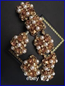Vintage Design jewelry set amber rhinestone pearl gold Plated Bracelet Earrings