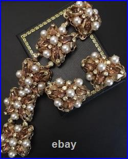 Vintage Design jewelry set amber rhinestone pearl gold Plated Bracelet Earrings